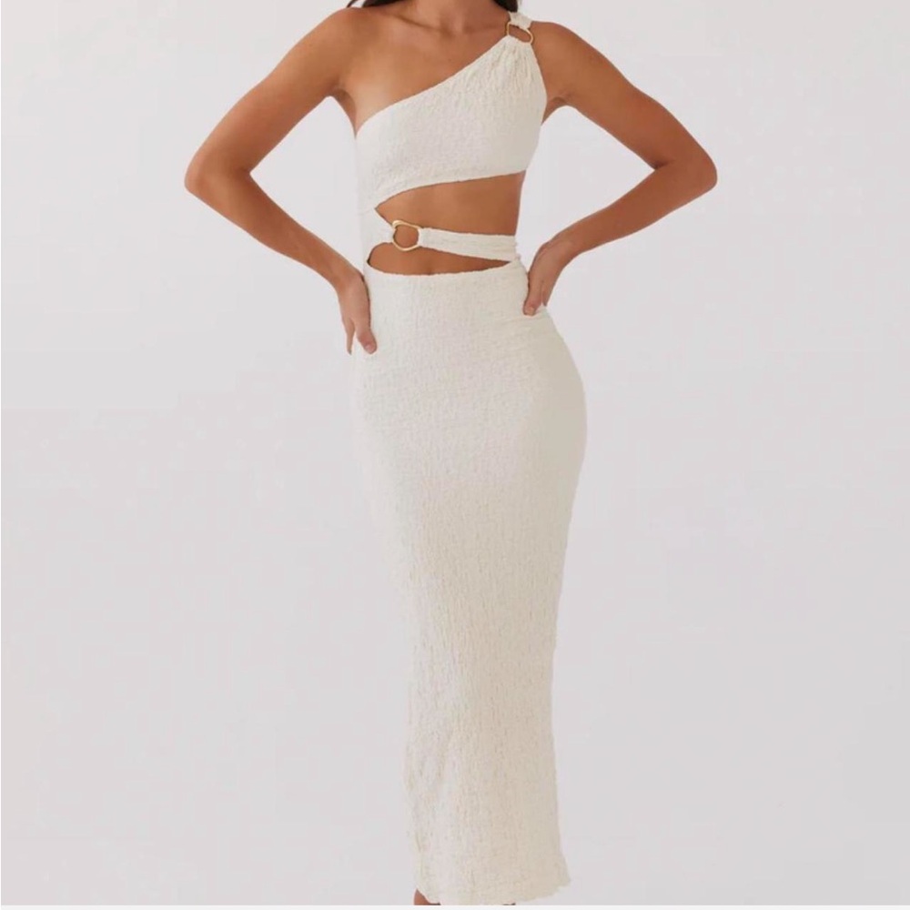 Peppermayo One-Shoulder Cream Cutout Maxi with Ring Accents